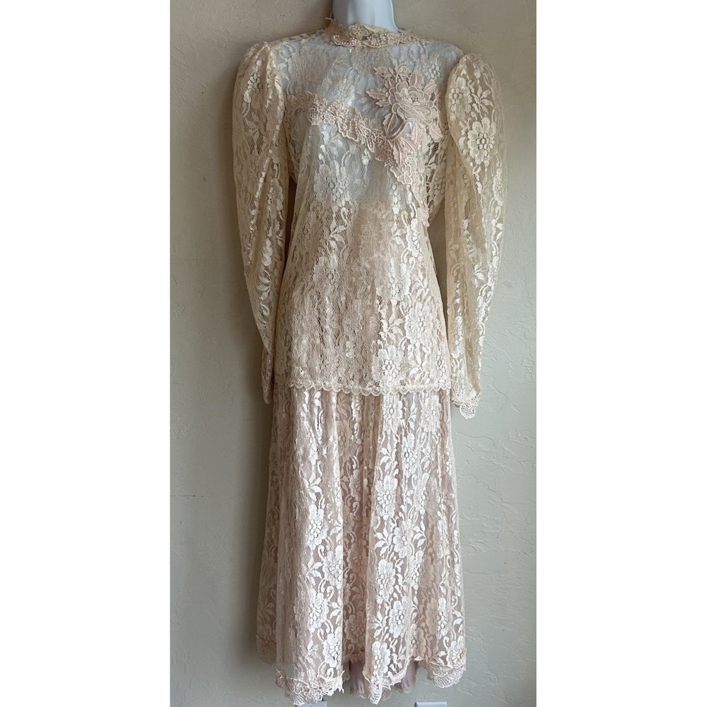 Vintage 80s Lorrie Kabala‎ Two Piece Set 14 Lace Pearl Sheer Victorian Skirt Top